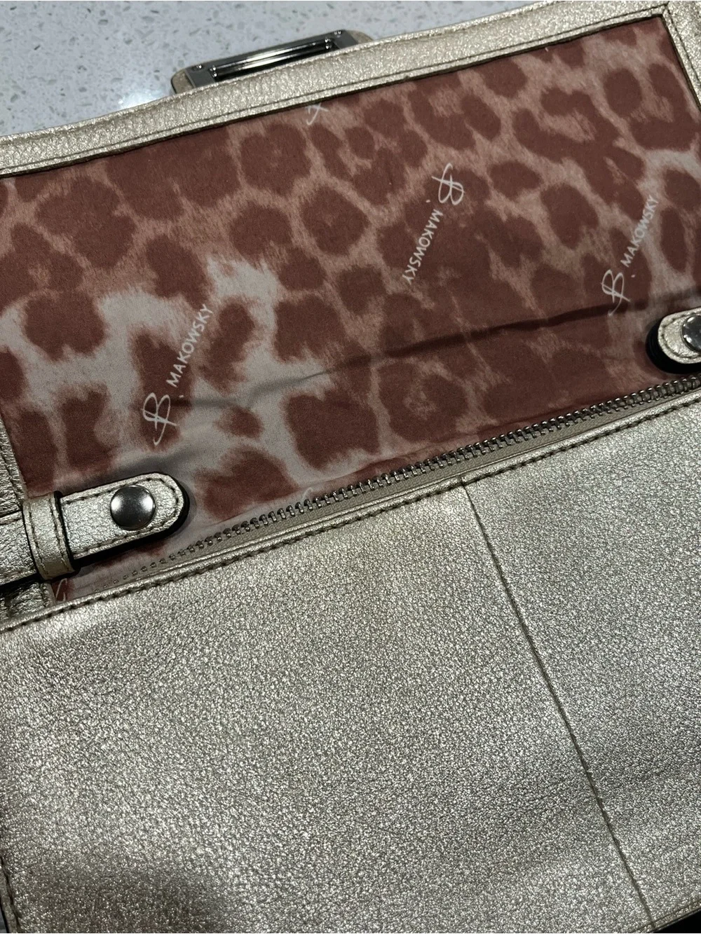 Vintage B. Makowsky Metallic Gold Leather Shoulder Bag: Leopard Print Interior